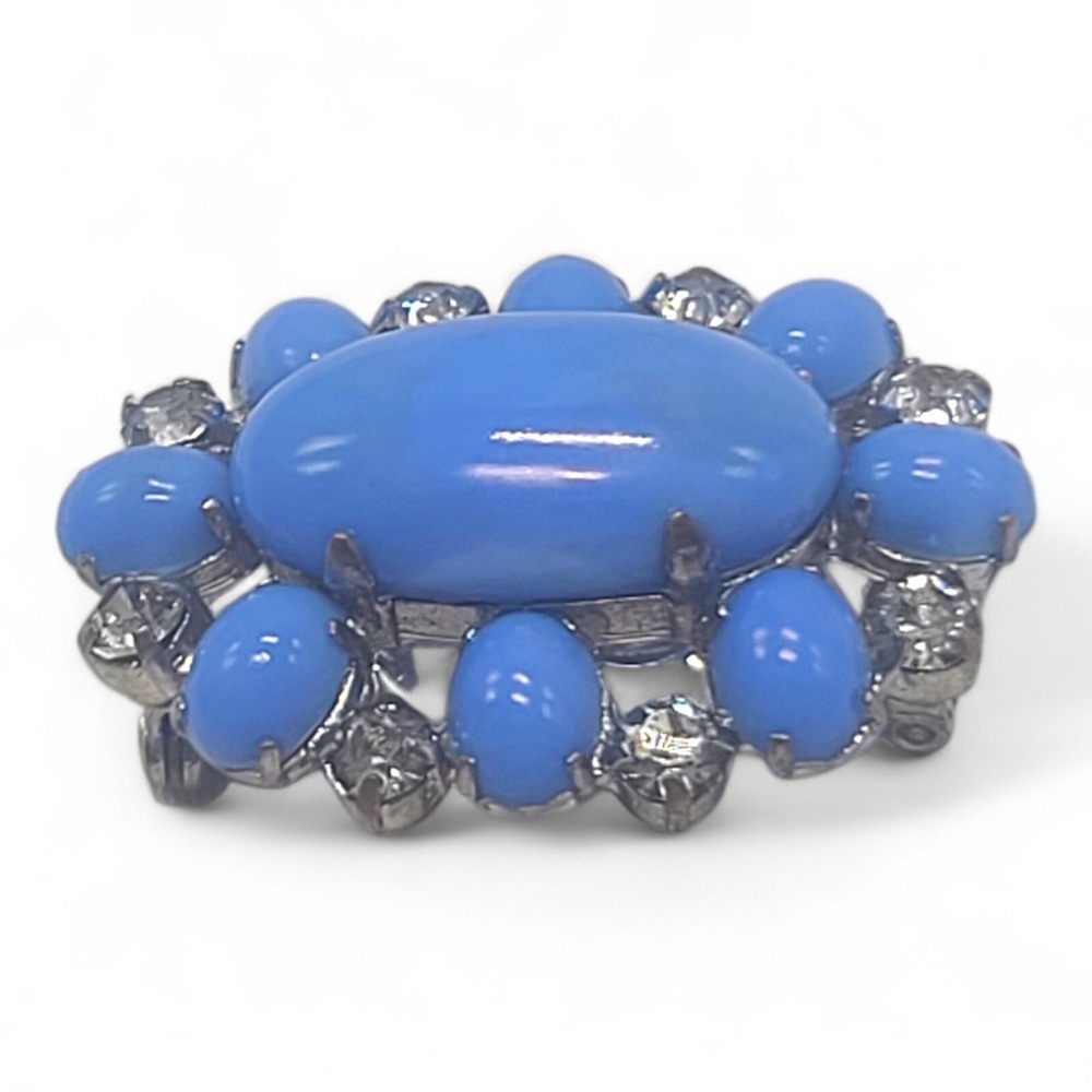 Beautiful Blue Glass Rhinestone Brooch Pin Signed Germany Prong Set Oval Vintage